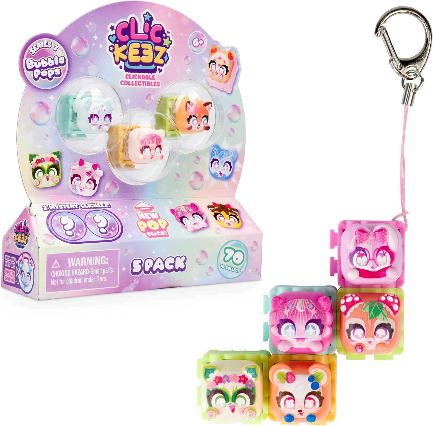 Clickeez Series 3 Bubble Pops 5-Pack Box with 3 visible keys and 2 mystery pouches