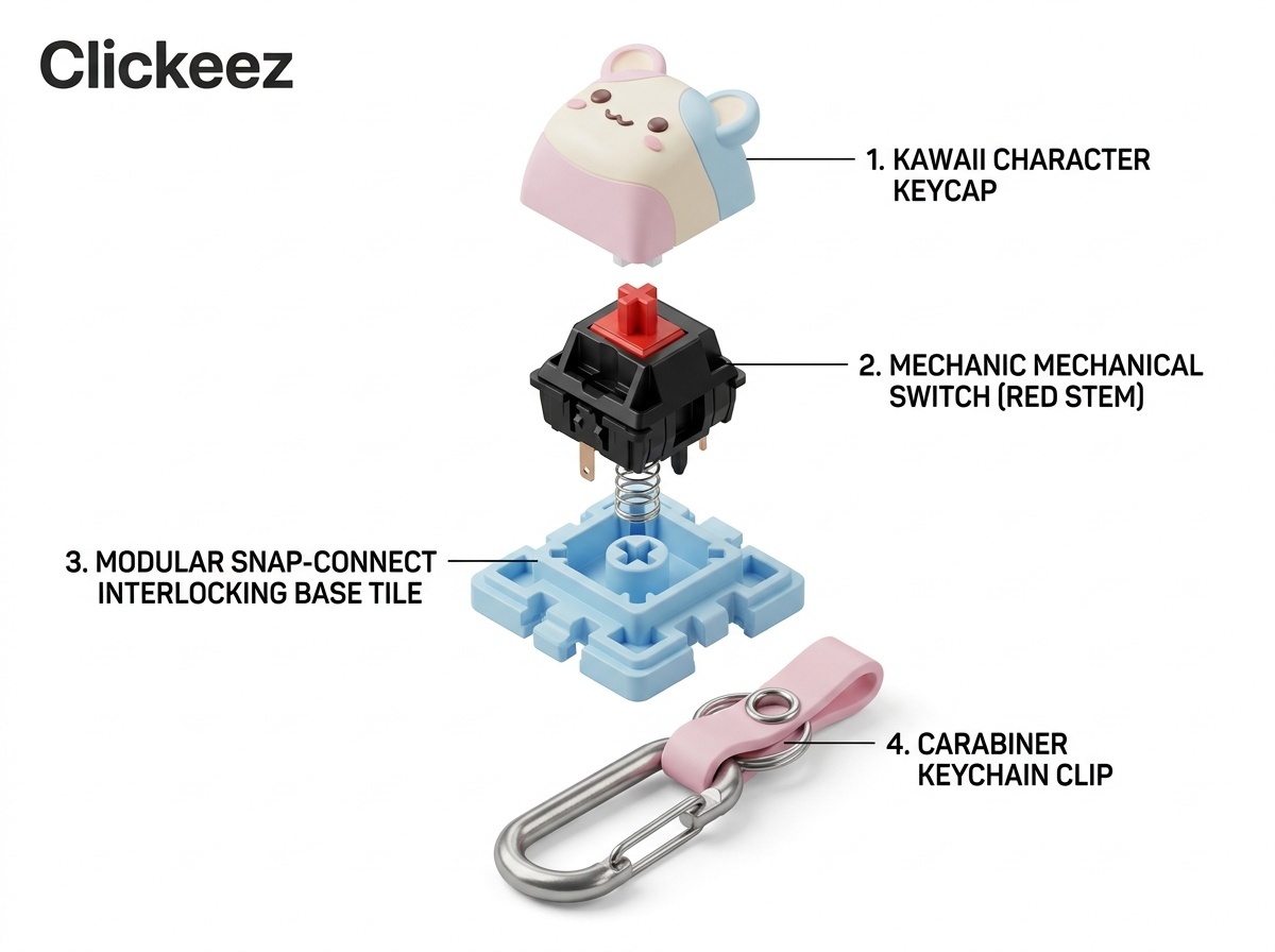 The parts of a Clickee: keycap, mechanical switch, modular base, and clip