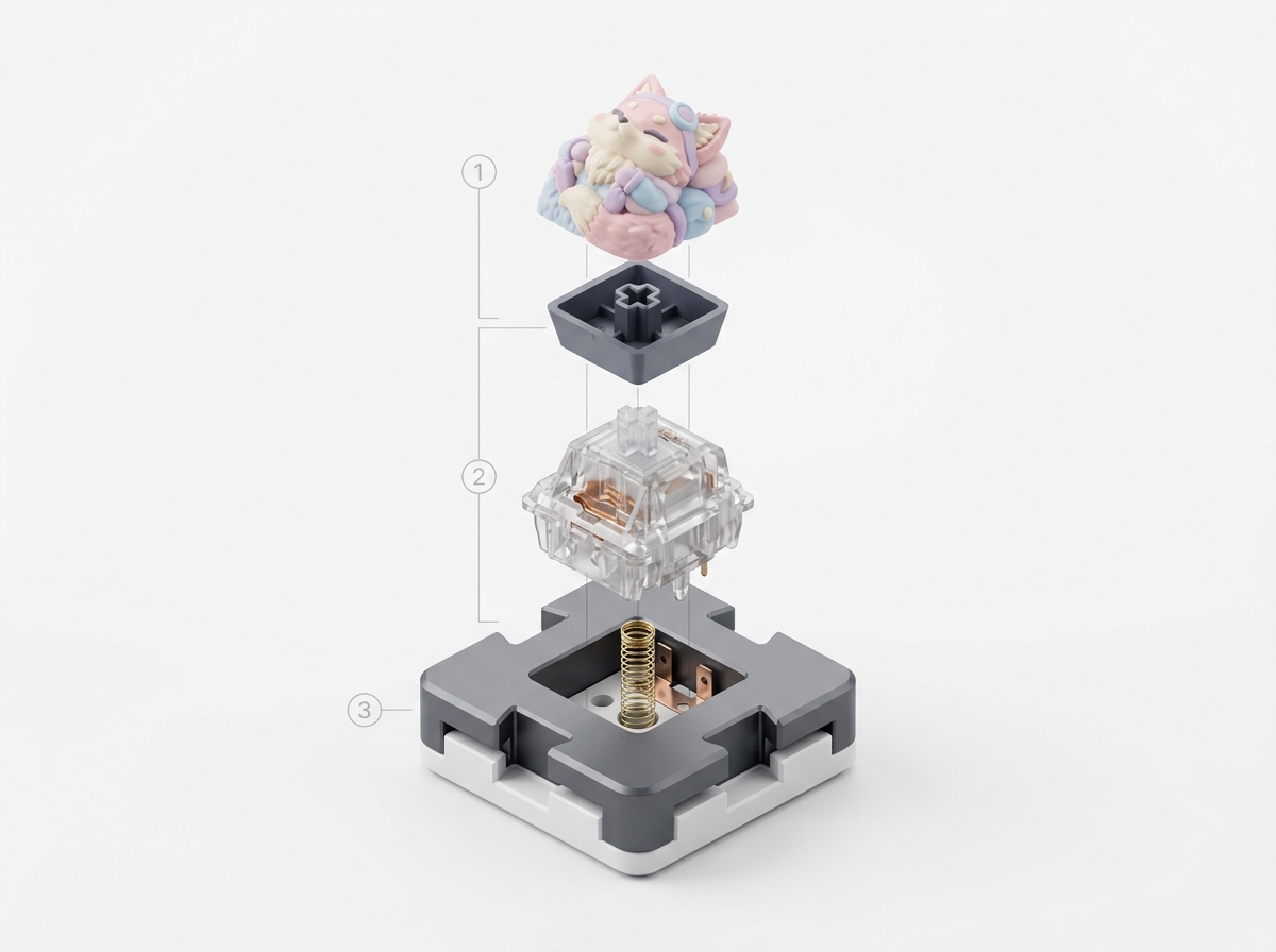 Exploded 3D engineering teardown of Clickeez mechanical switch: 1. Character Keycap, 2. Switch Core, 3. Interlocking Base Tile