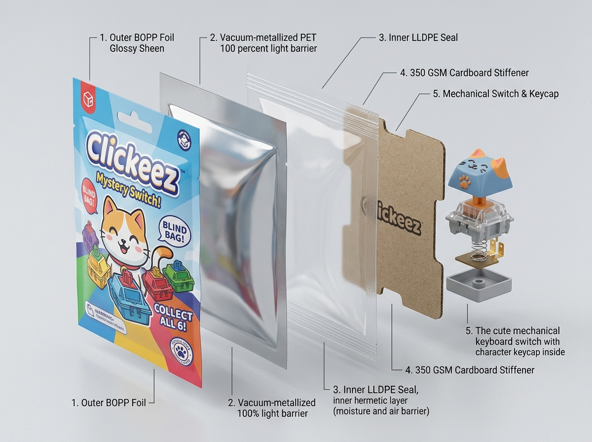 Exploded diagram of Clickeez 3-ply foil barrier and internal 350 GSM protective cardboard card
