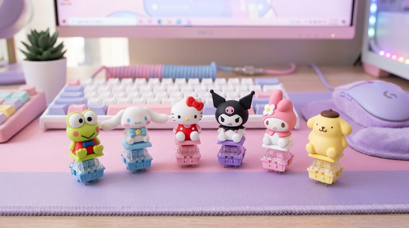 Sanrio Clickeez character figurines standing in a row on mechanical switches